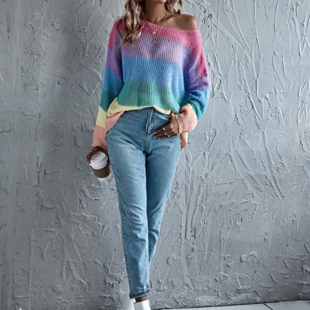 pink color block stripes oversized knit sweater - Picture 3 of 6